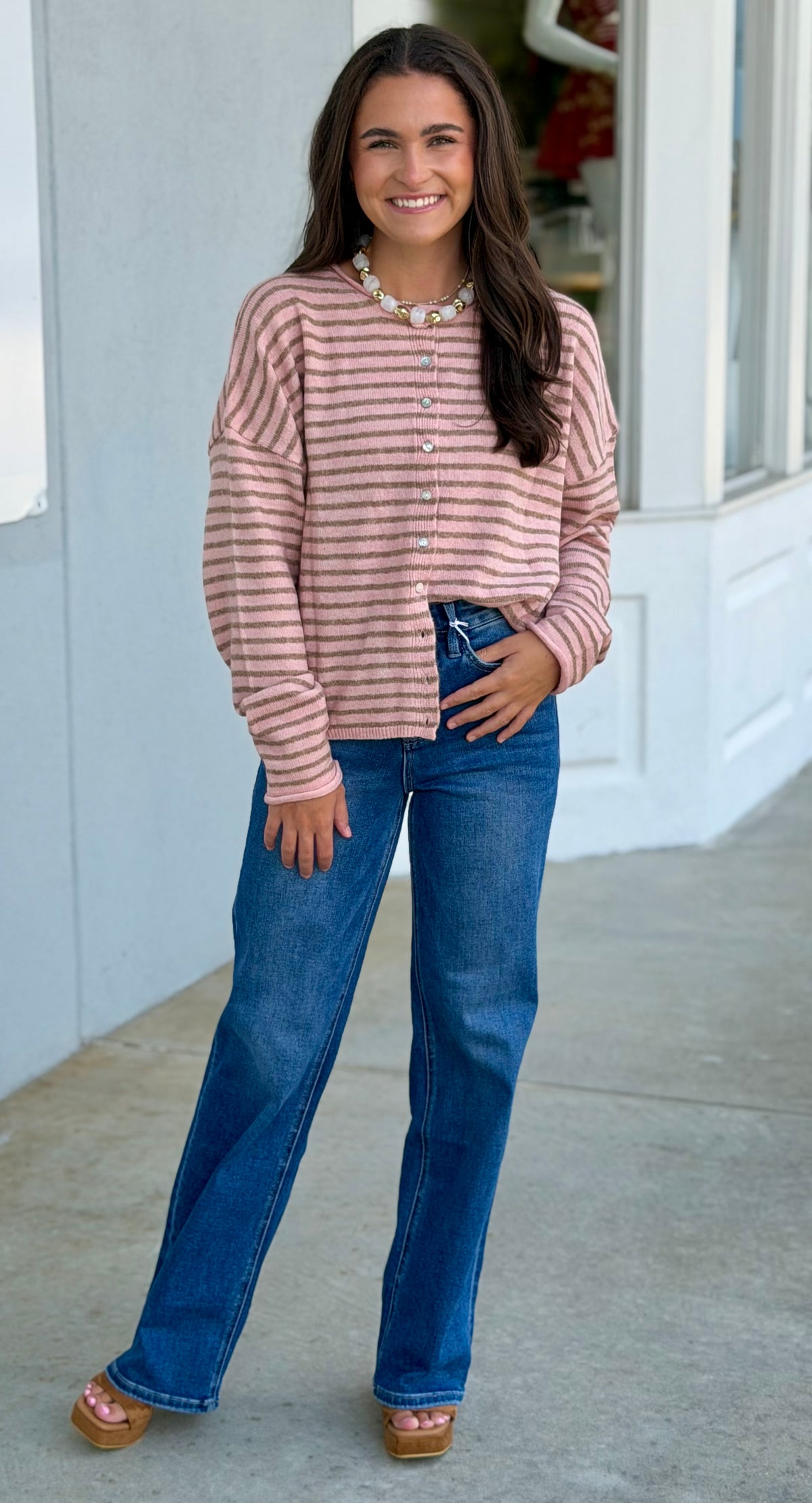 Stripe Button Down Sweater-Blush