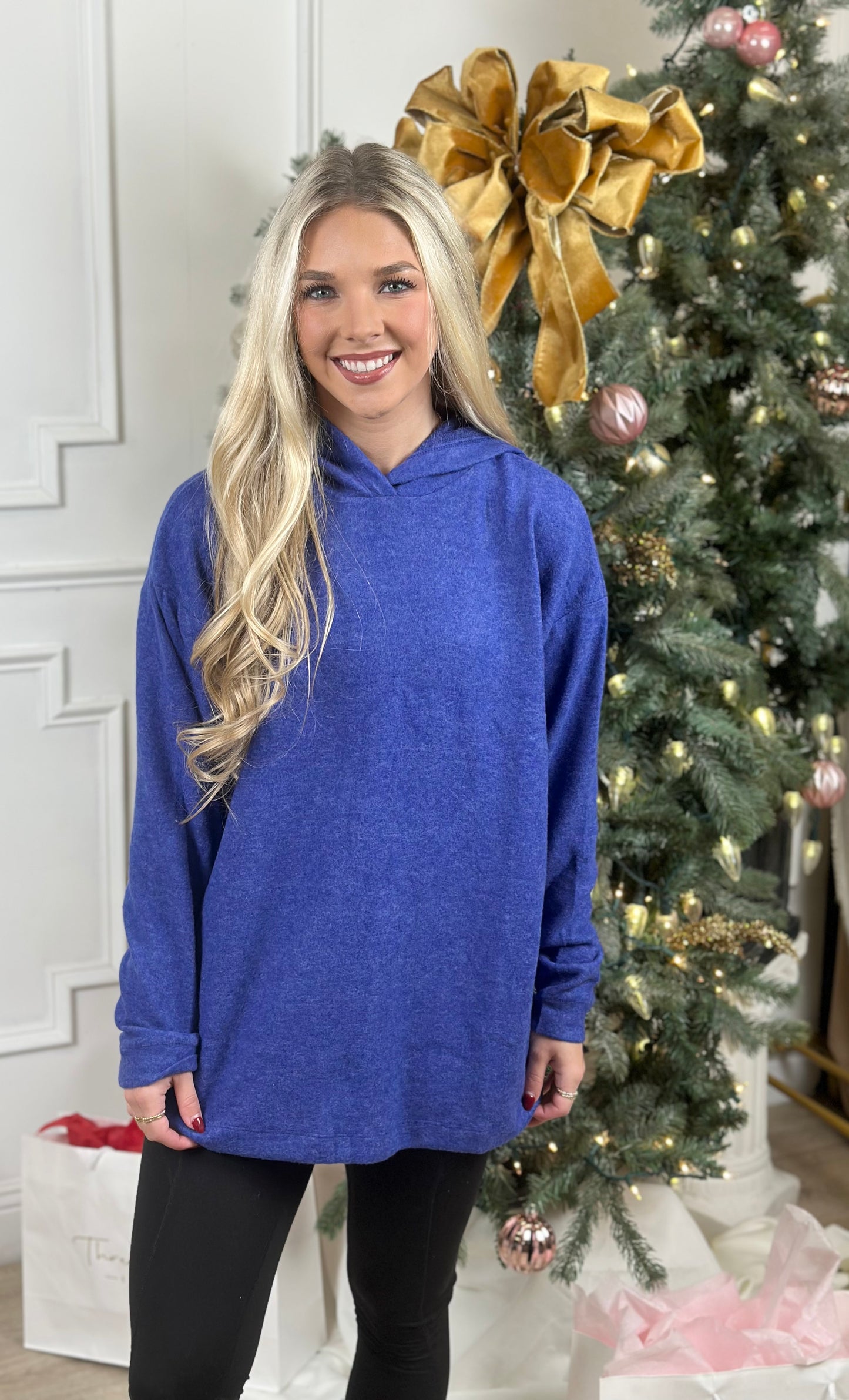 Hooded Brushed Melange Sweater, Bright Blue