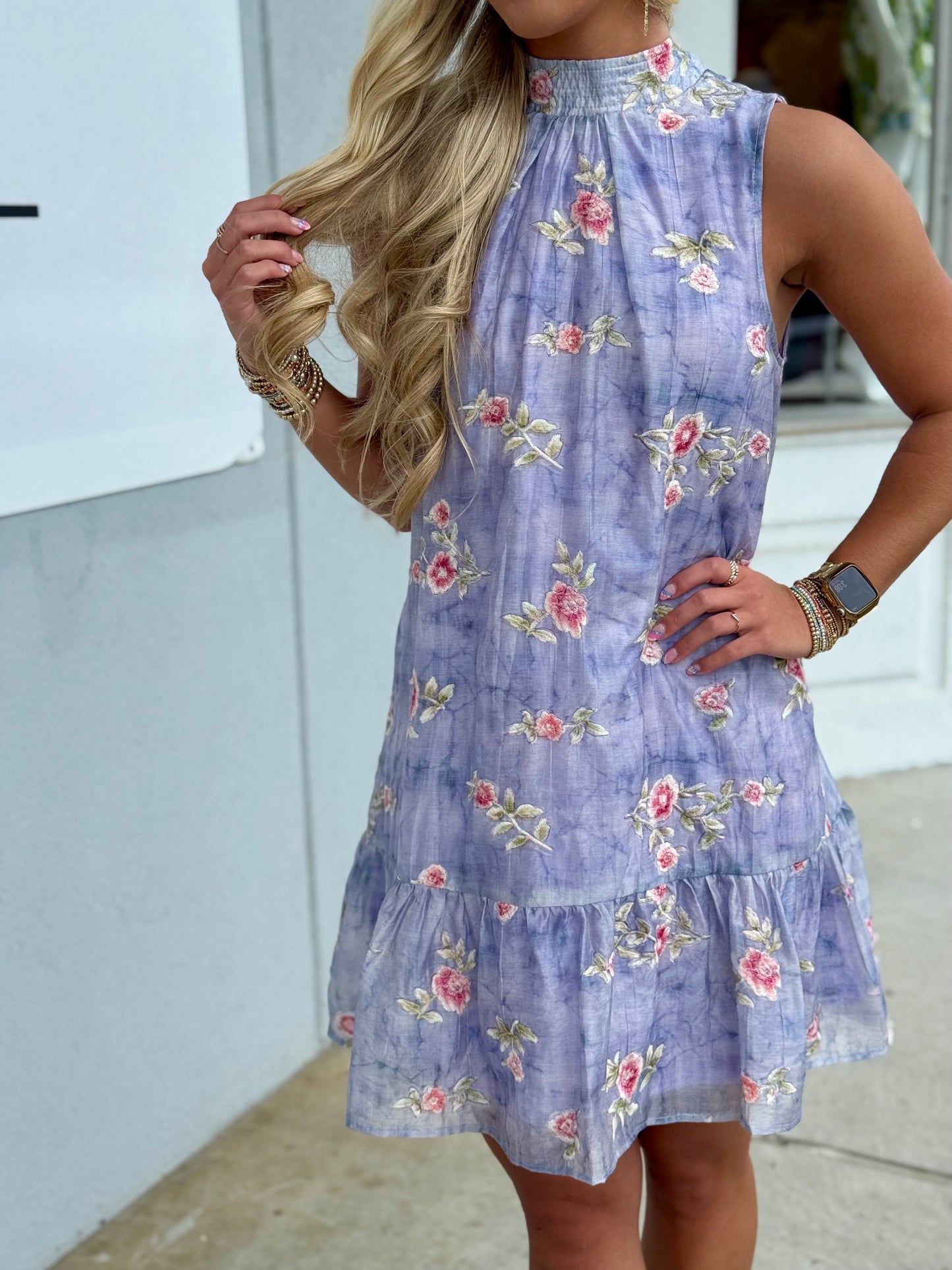 Lavender High Neckline Floral Dress