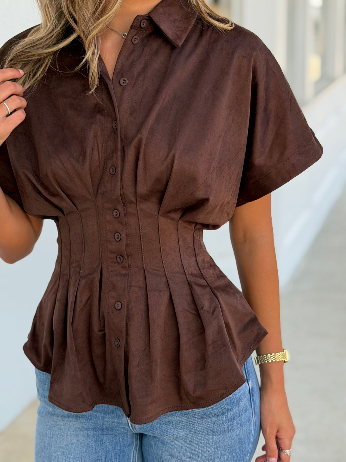 Suede Button Down Blouse, Chestnut