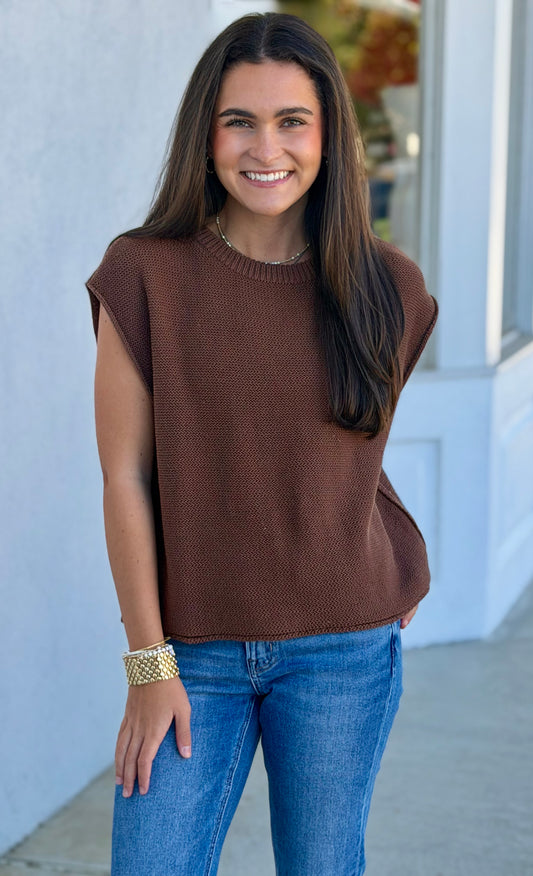 Relaxed Cotton Exposed Seam Sweater Vest , Brown