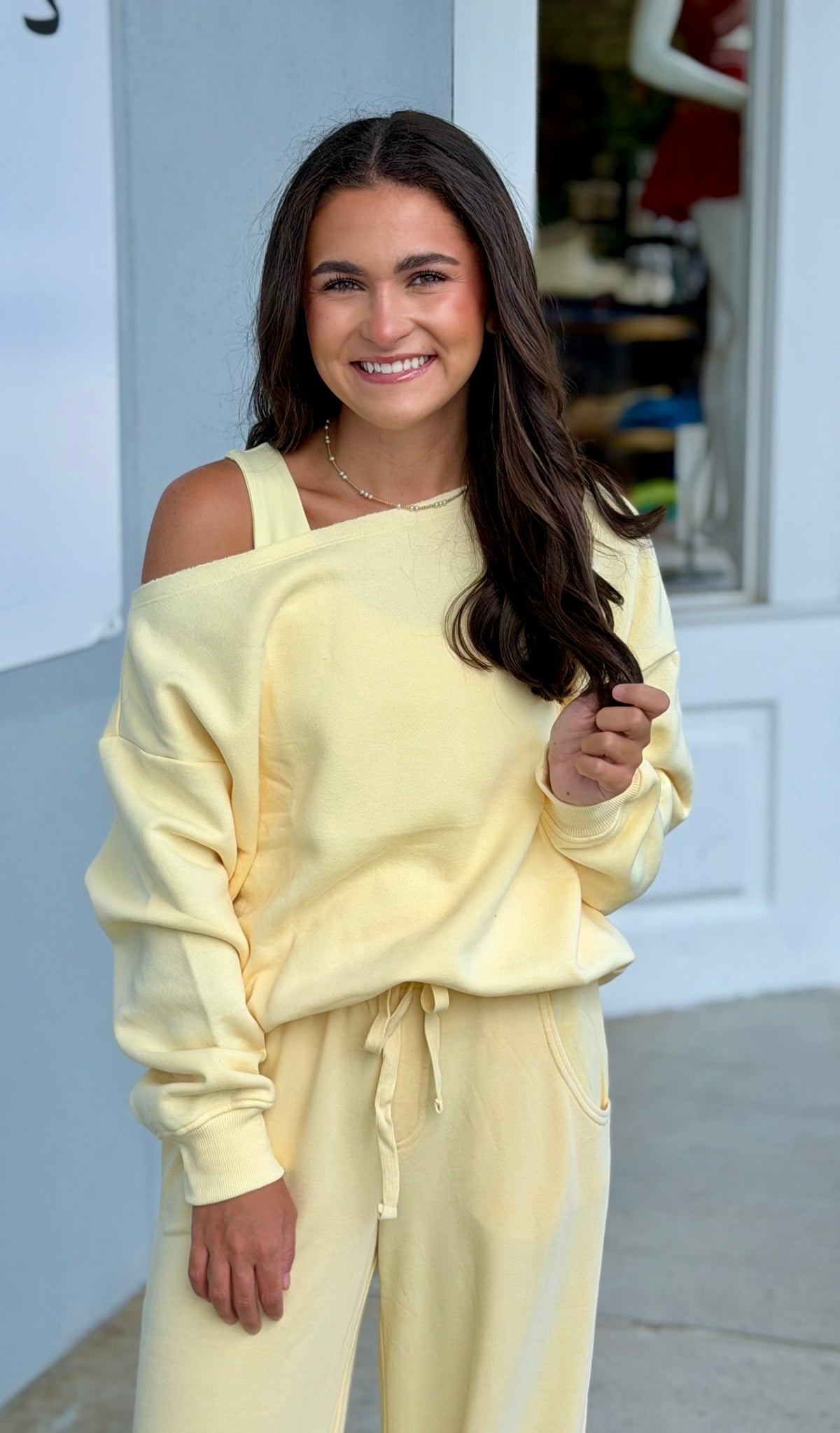 French Terry Fleece Off Shoulder Top, Lemonilla