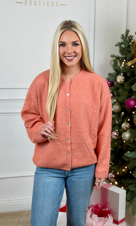 Long Sleeve Crew Neck Cardigan , Orange