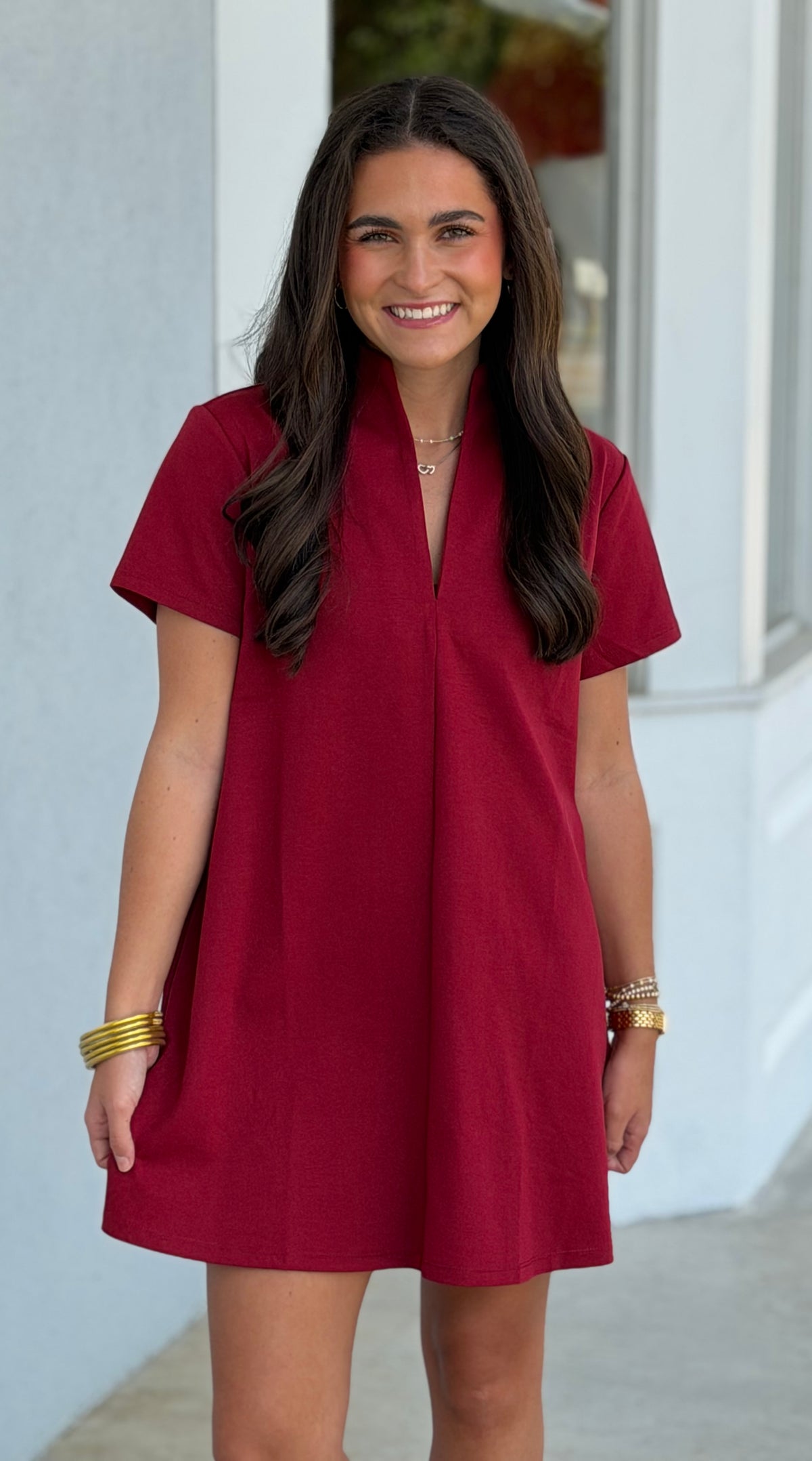 Stand Collar V-Neck Slit Mini Dress, Burgundy