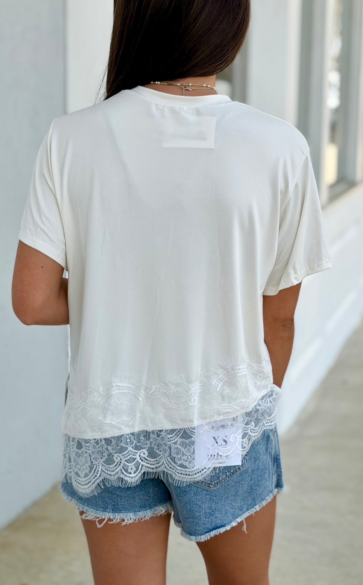 Asymmetrical Lace Trim Top , White