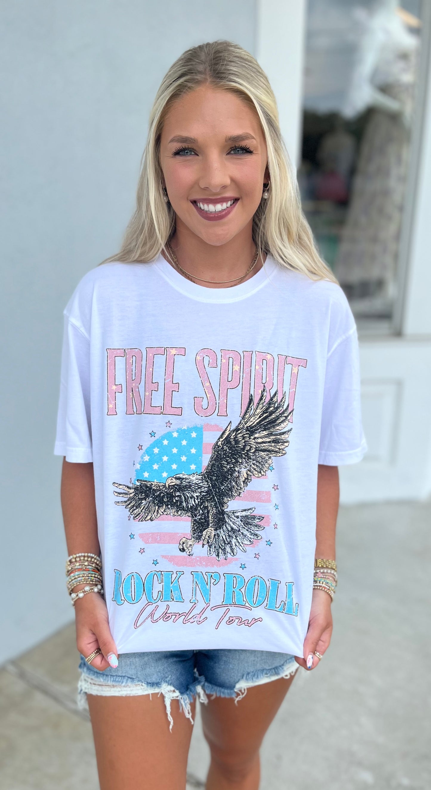 White Free Spirit Rock N Roll World Tour Graphic Tee