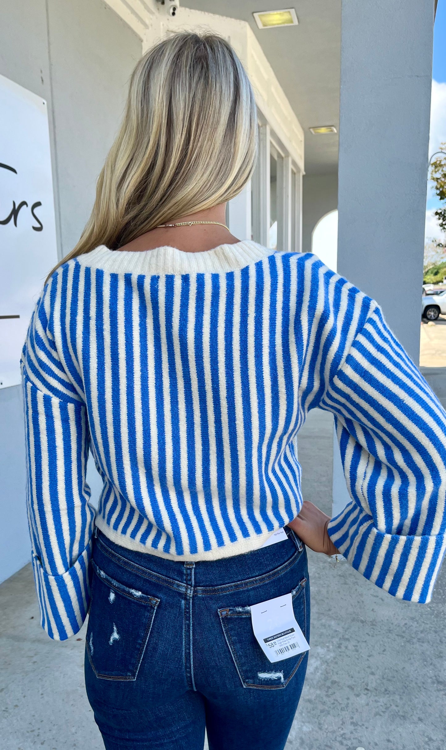 Blue Striped V Neck Cropped Sweater