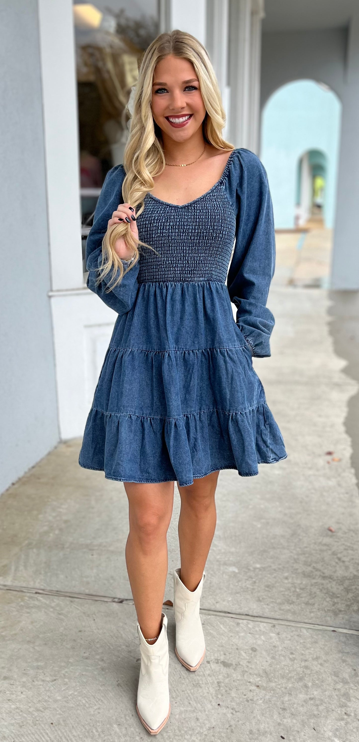 Washed Denim Long Sleeve Dress