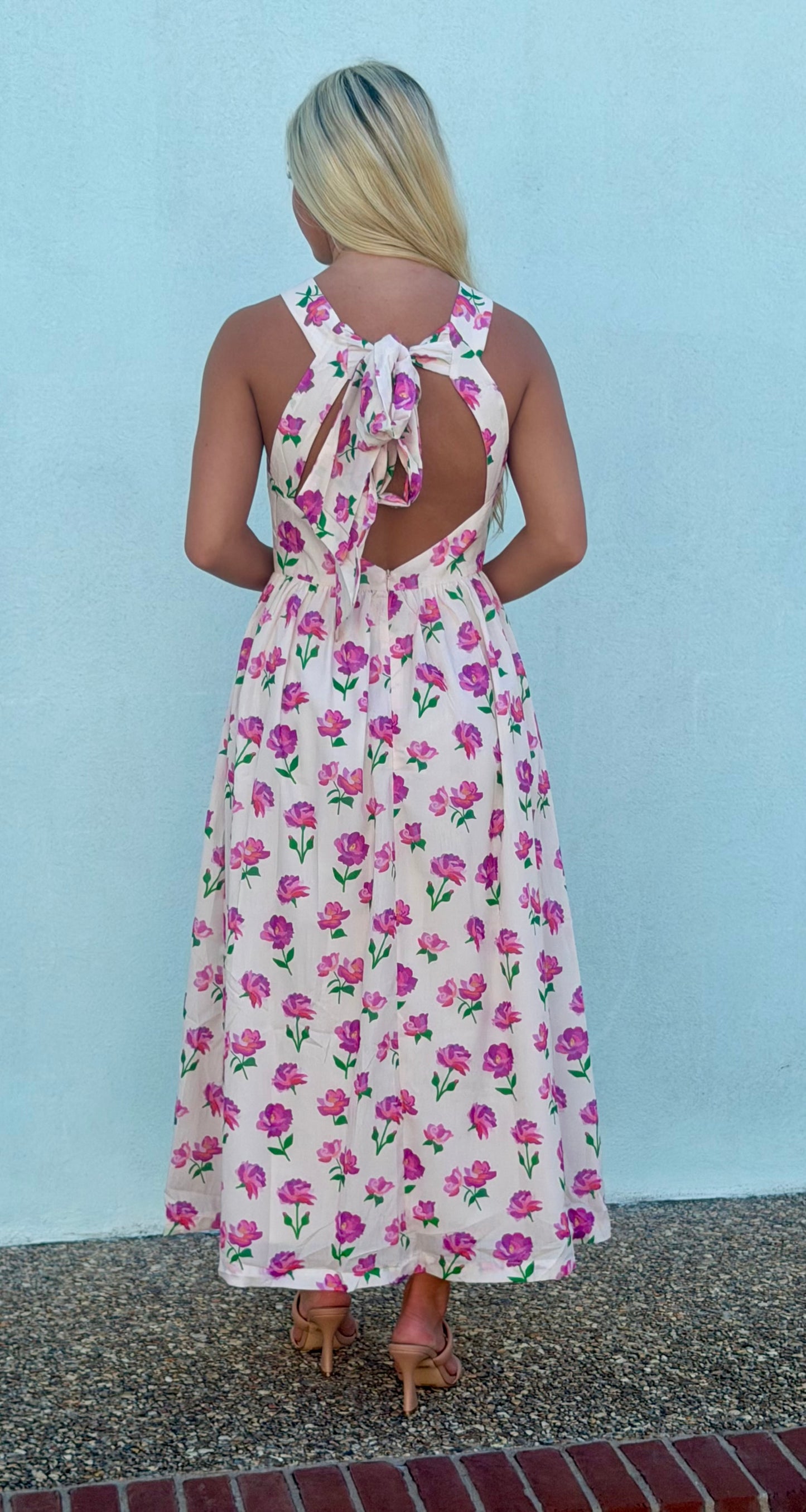 Floral Back Bow Tie Midi Dress