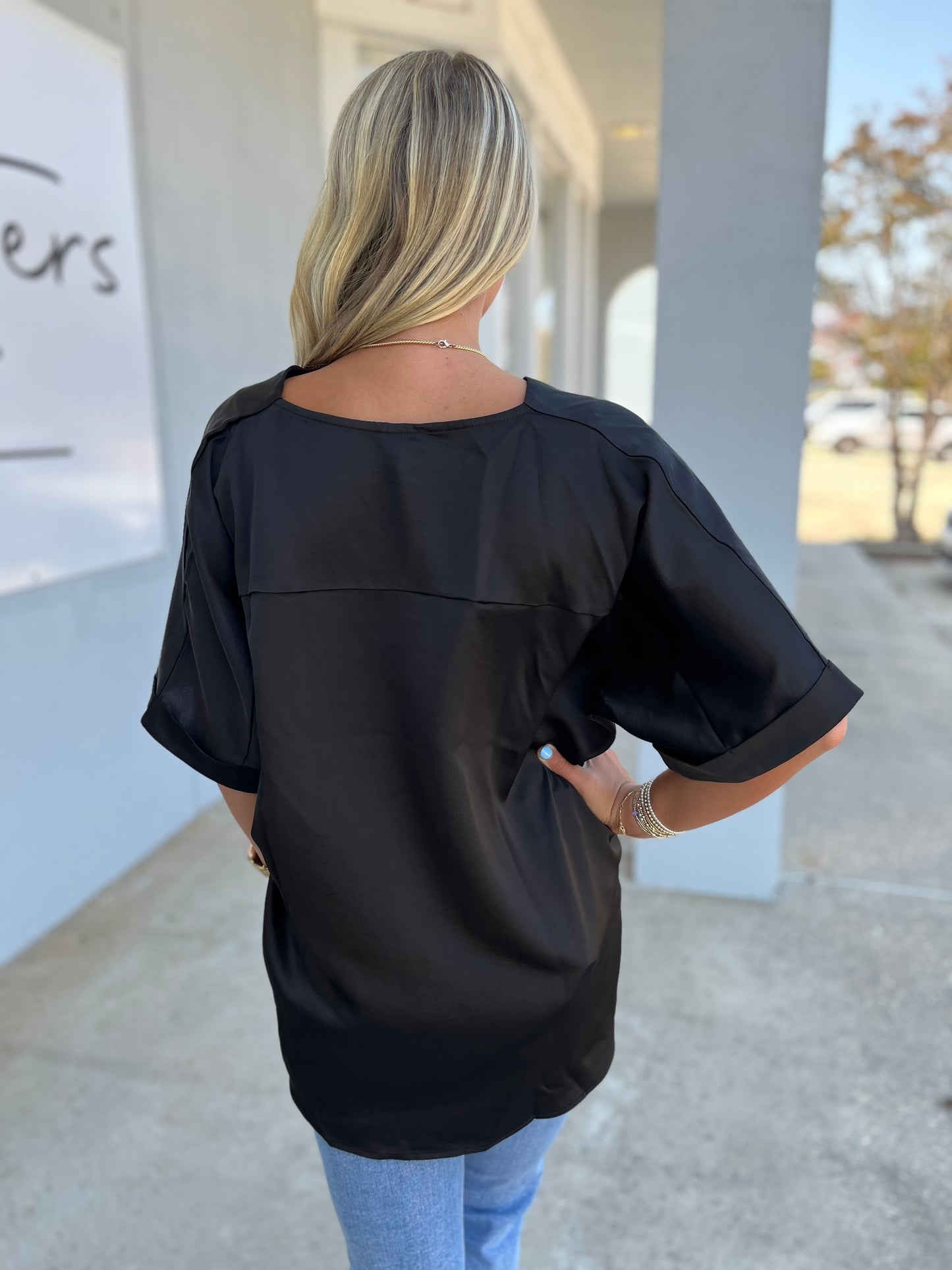 Black V neck High Low Blouse