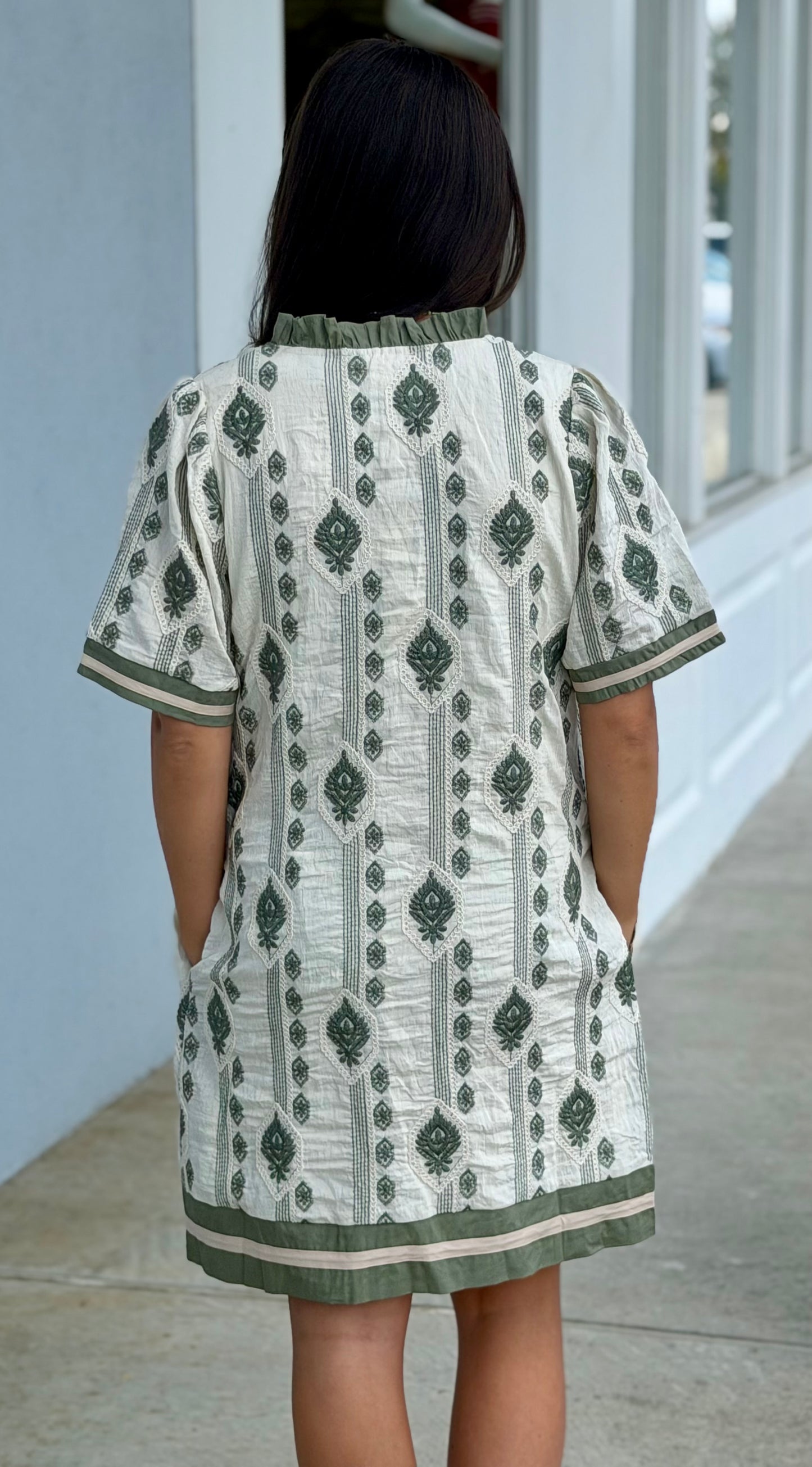 Sage Short Sleeve Embroidered  Mini Dress