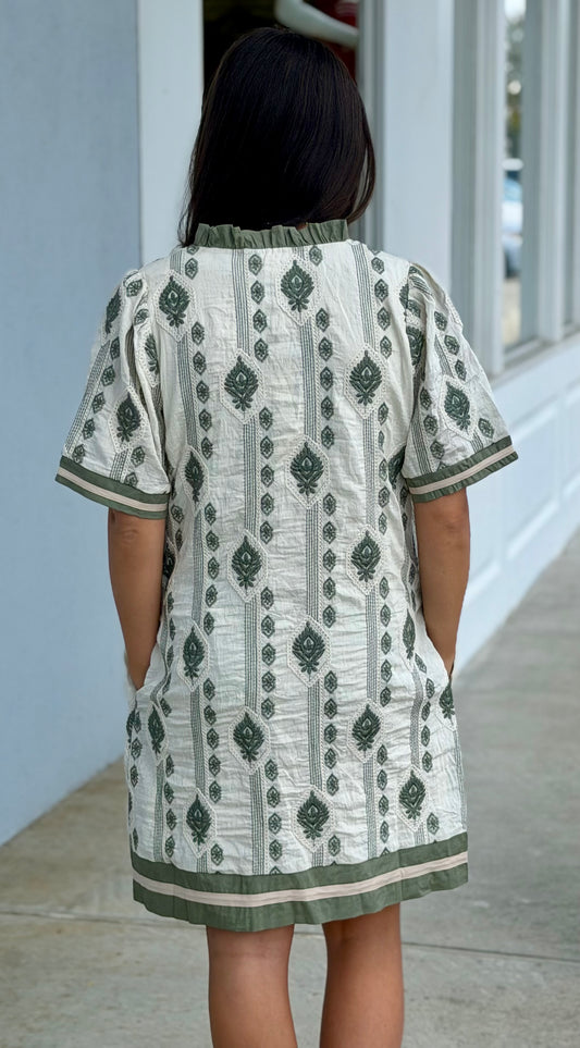 Sage Short Sleeve Embroidered  Mini Dress