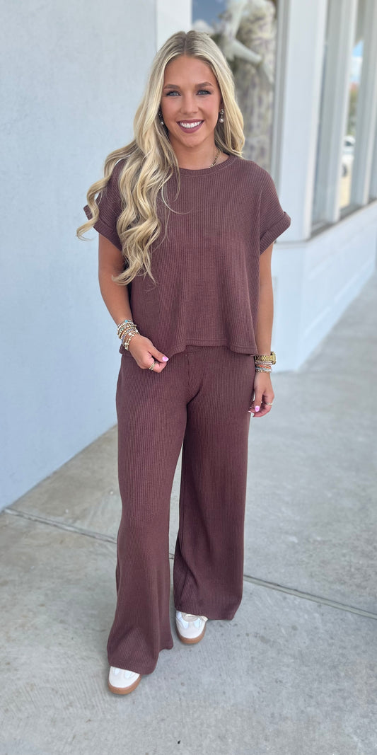 Rolled Sleeve Top & Pants SET, Brown
