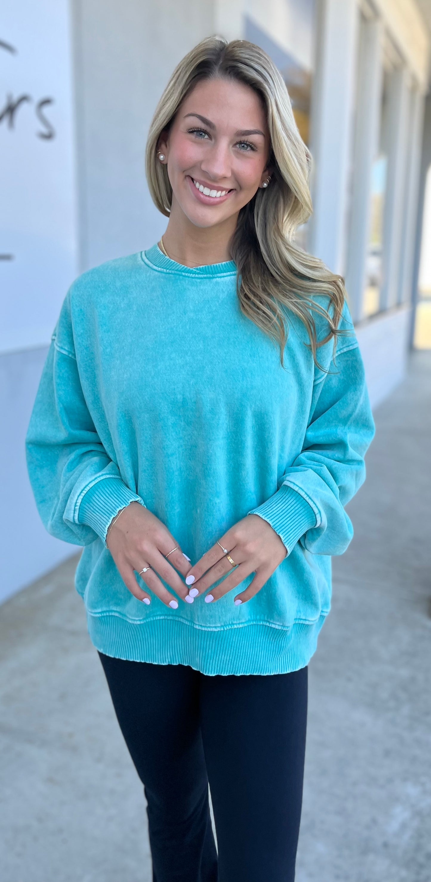 Acid Wash Fleece Pullover, Turquoise