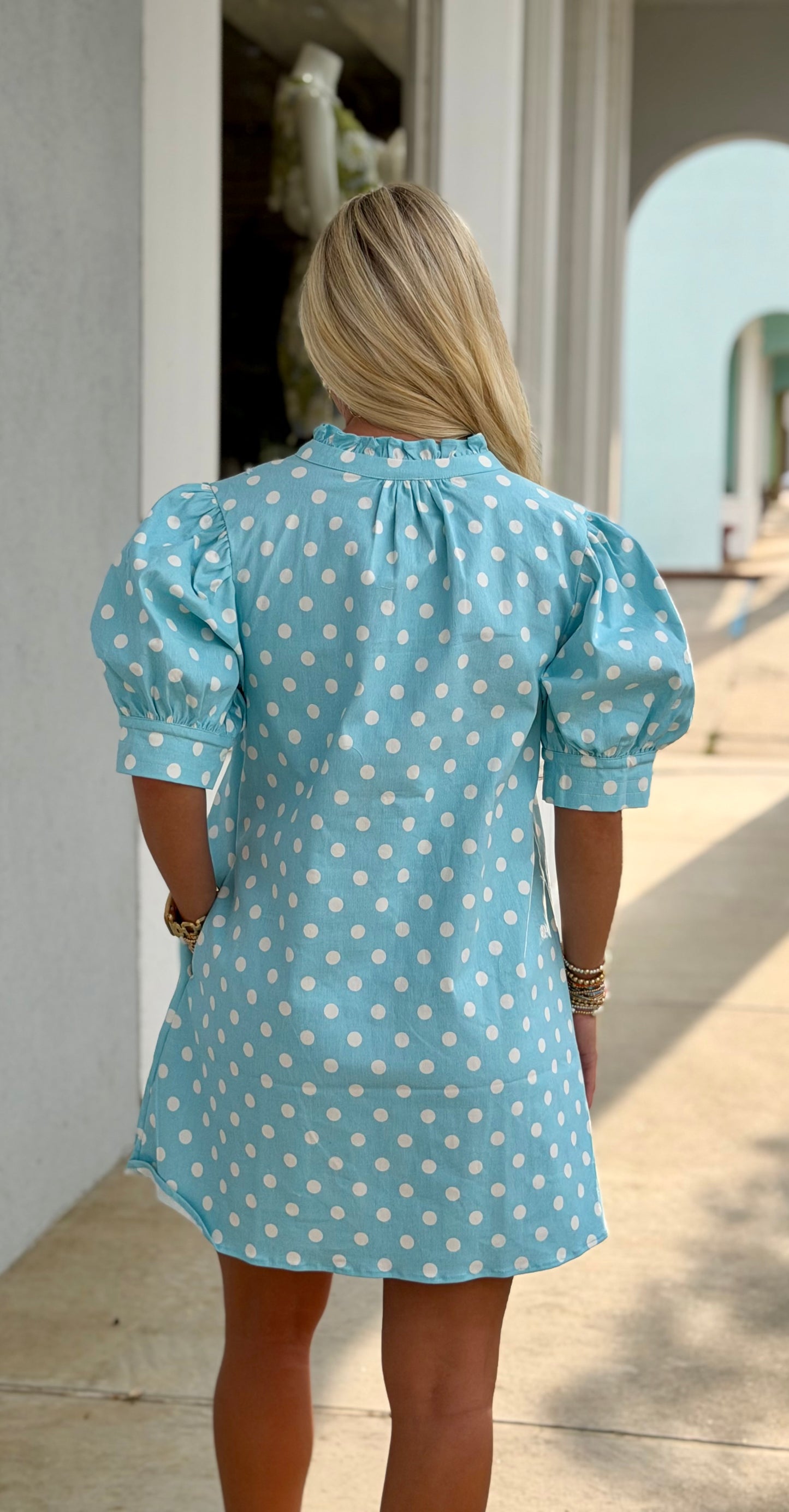 Sky V Neck Puff Sleeve Polka Dot Mini Dress