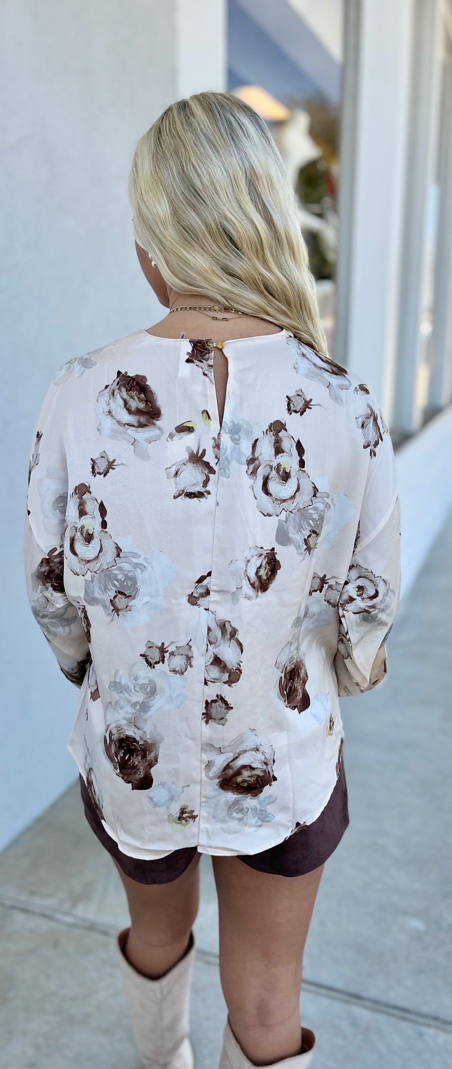 Cream Wide Sleeve Floral Blouse