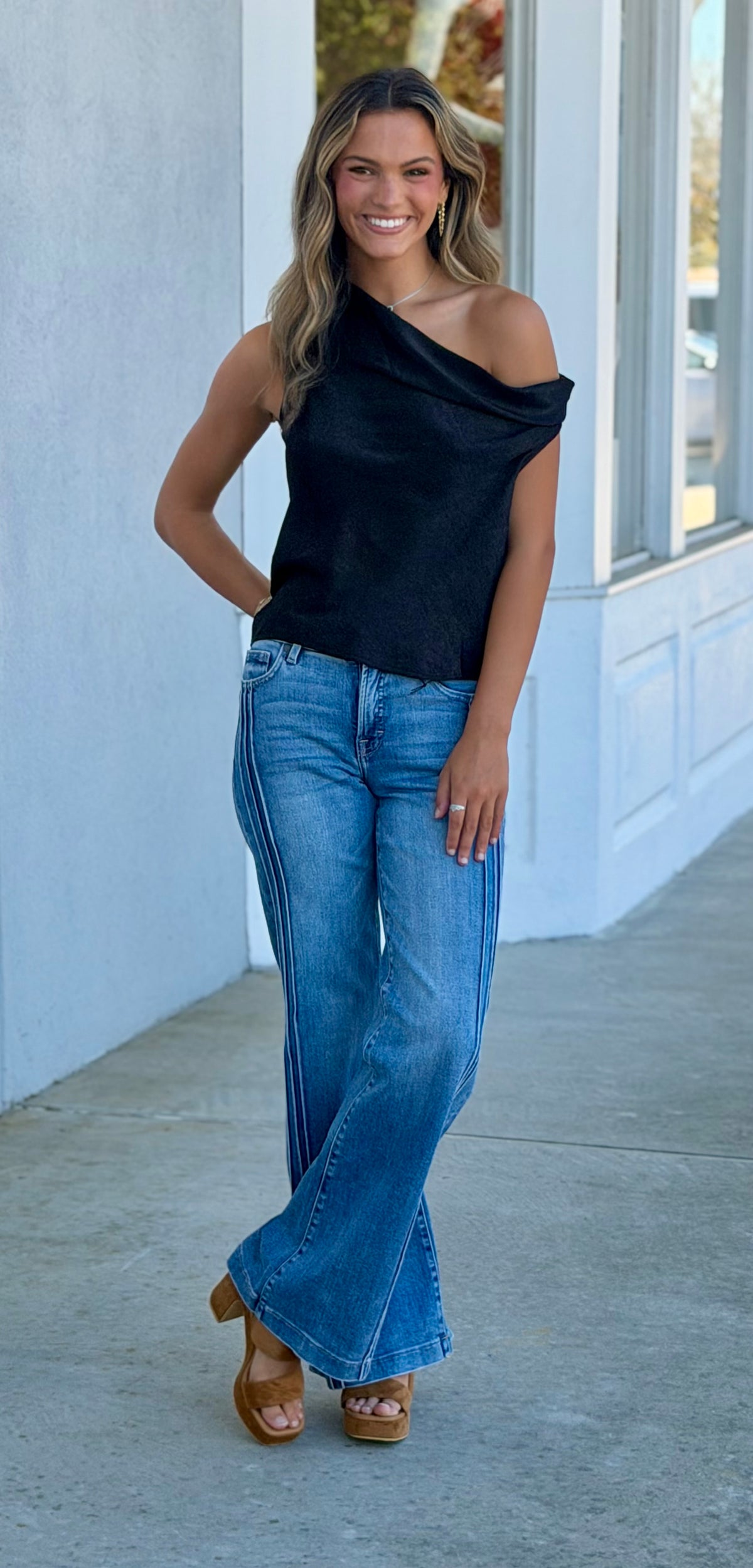 Diana Draped One Shoulder Satin Top, Black