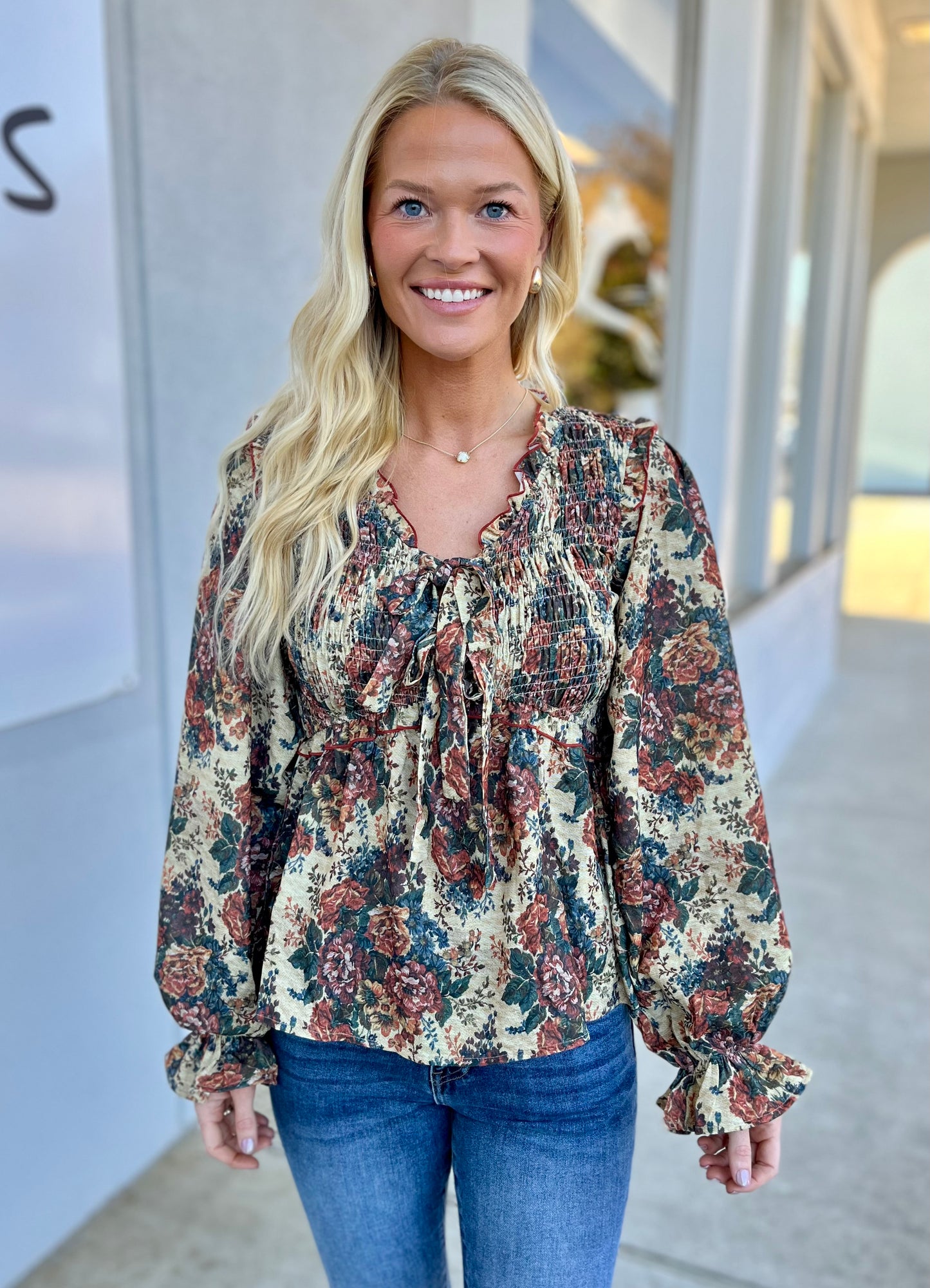 Antique Rust Tied Bow Smock Babydoll Blouse