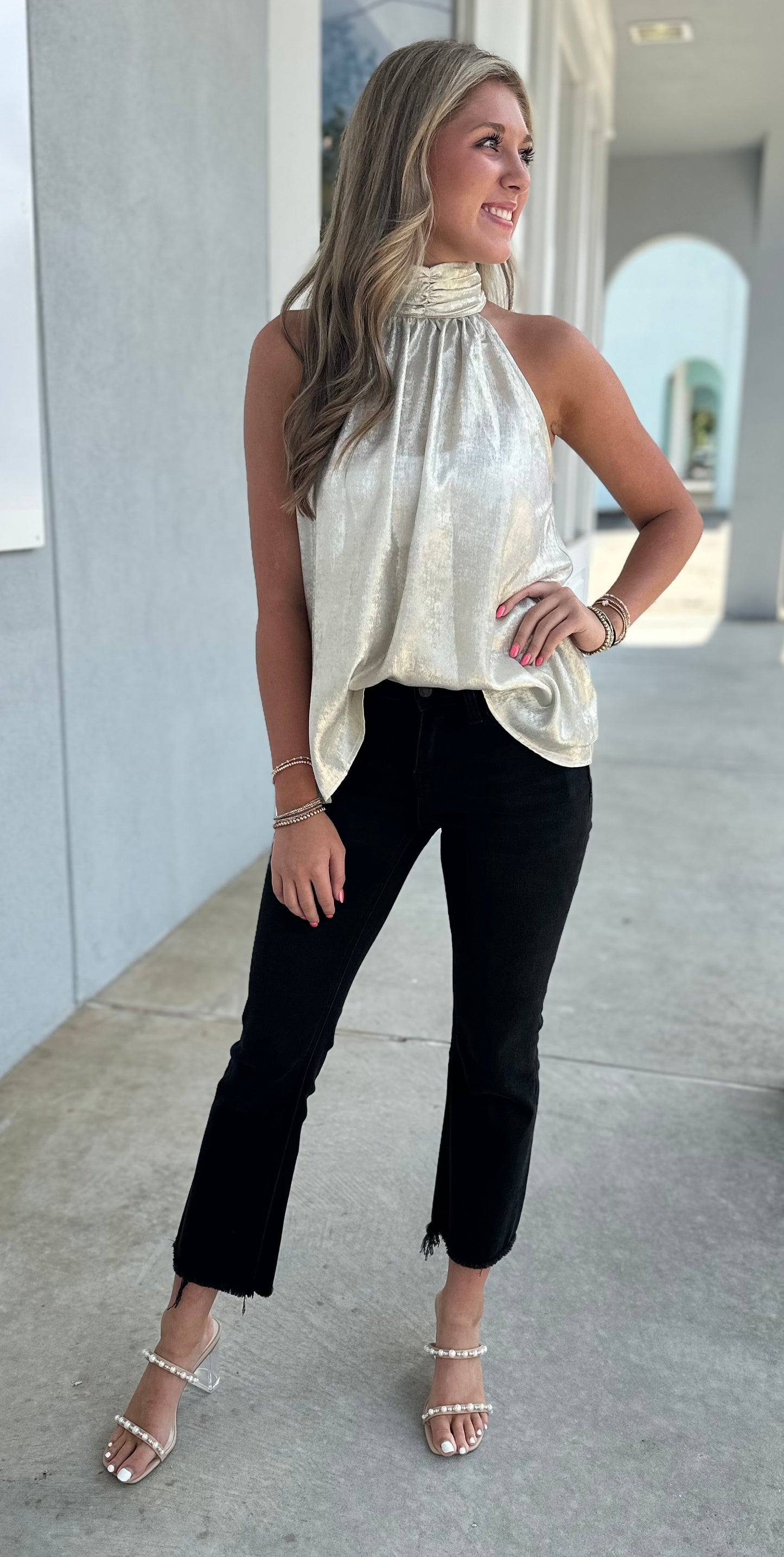 Champagne Halter Neck Metallic Top