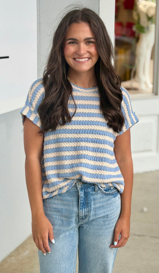 Textured Stripe Round Neck Dolman Top, Dusty Blue