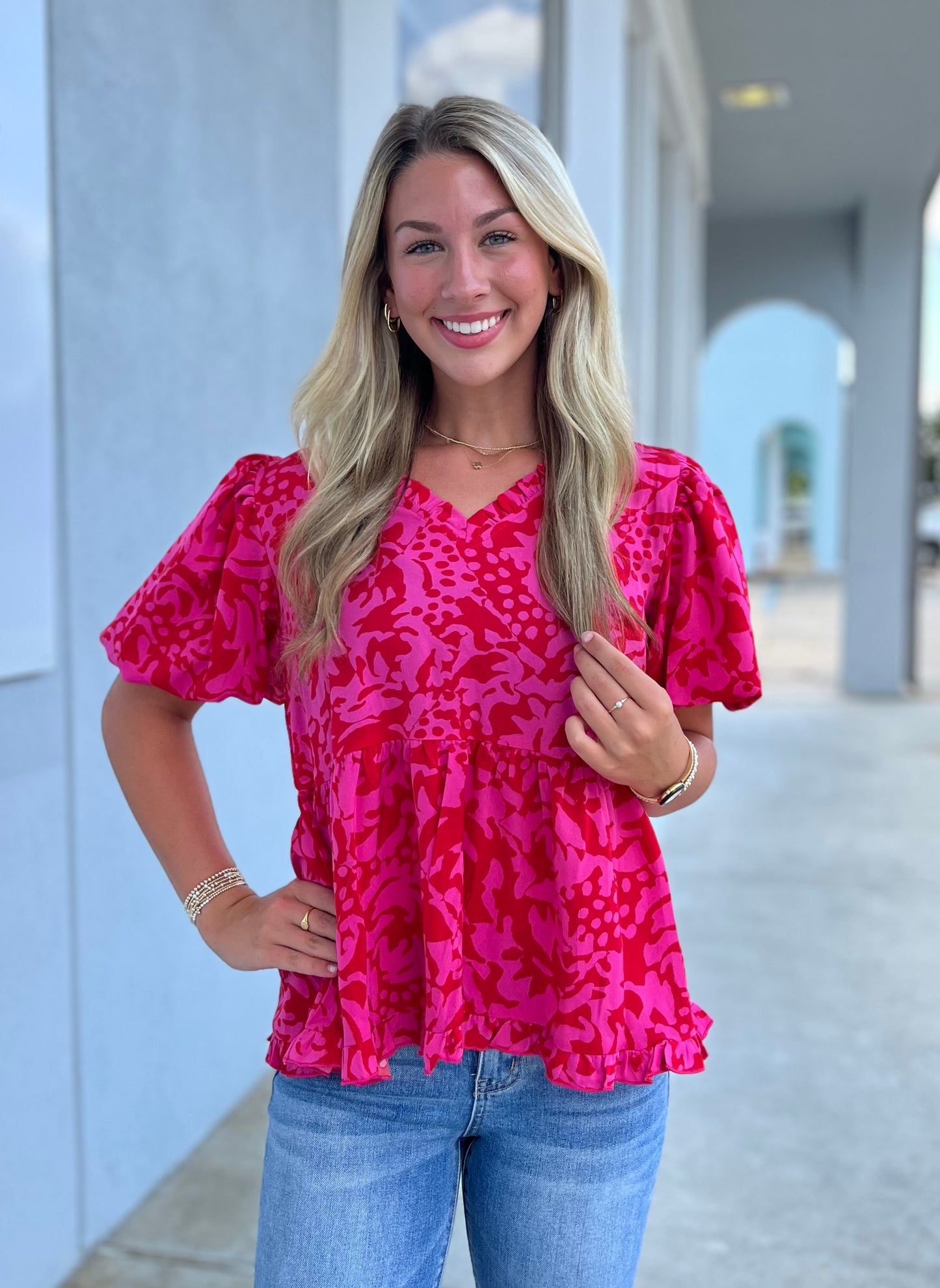 Hot Pink Babydoll V Neck