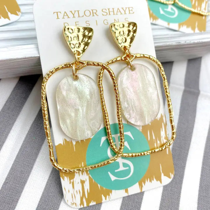 TS Earrings, White Shimmer Oval