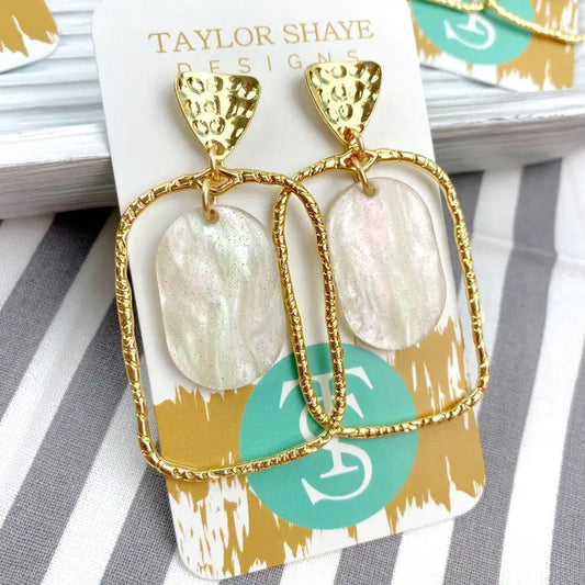 TS Earrings, White Shimmer Oval