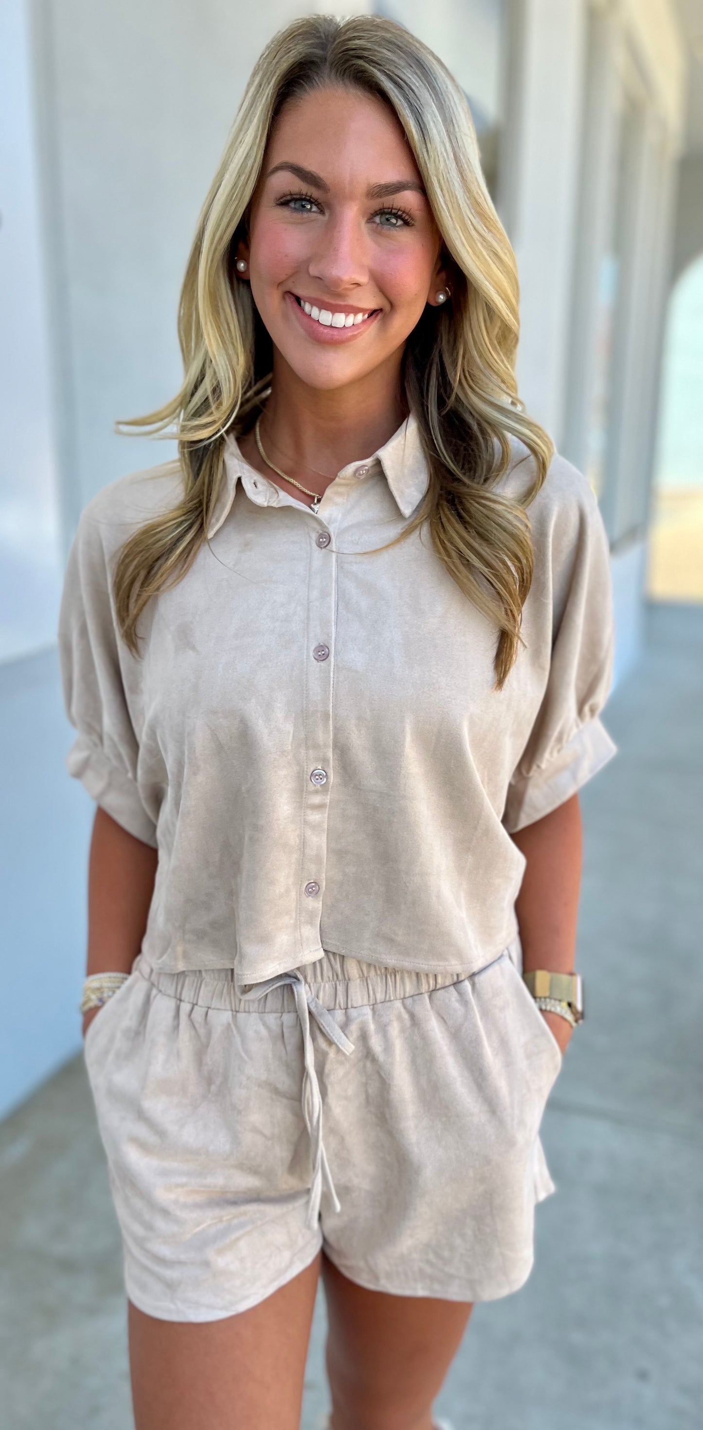 Ecru Suede Button Down Cropped Short Set