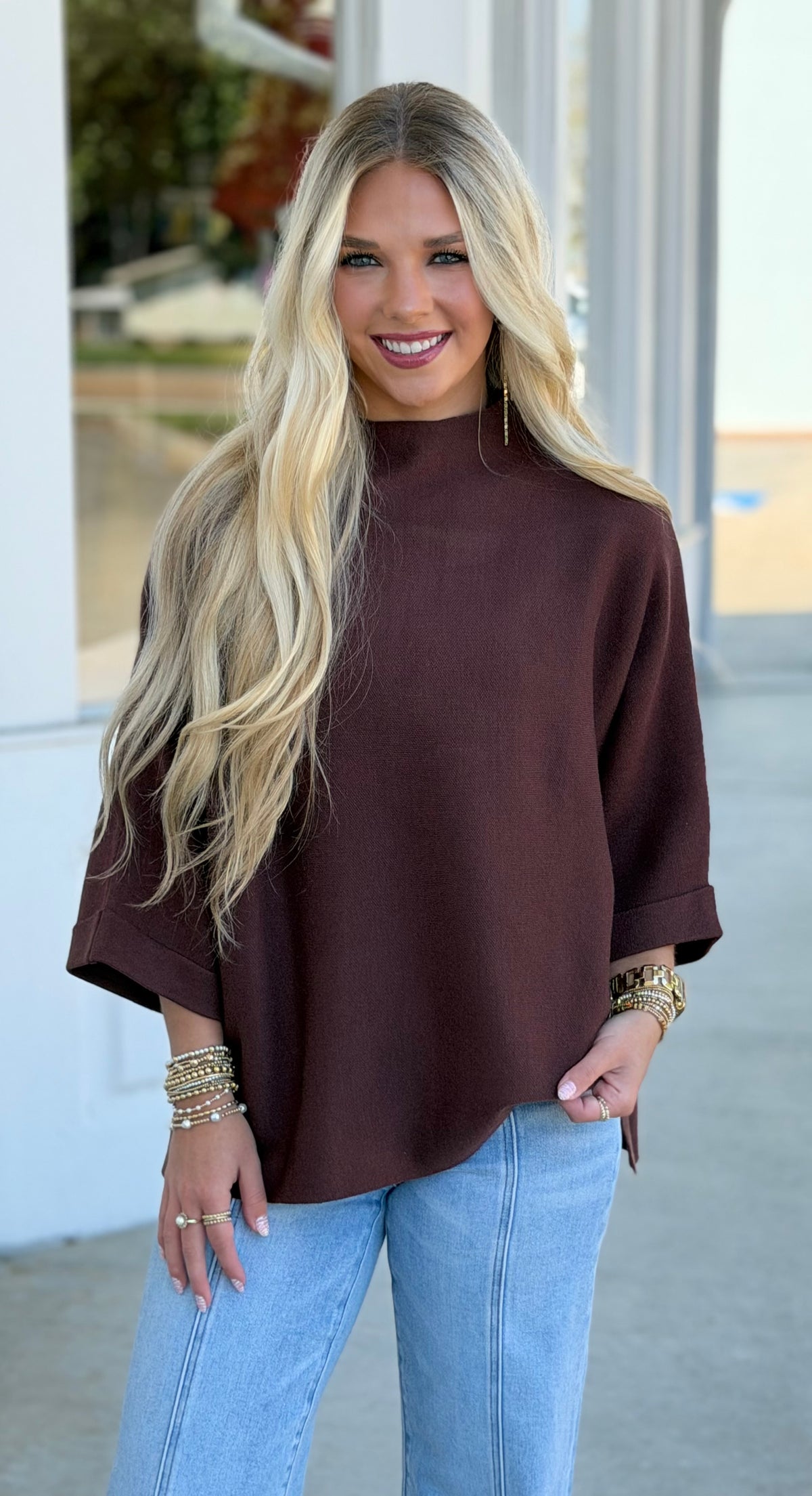 Mock Neck Oversized Sweater Top, Espresso