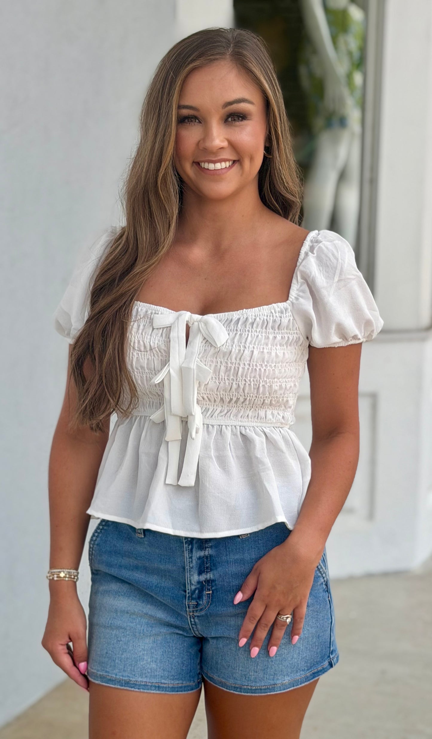 White Front Tie Detail Puff Sleeve Smocked Top