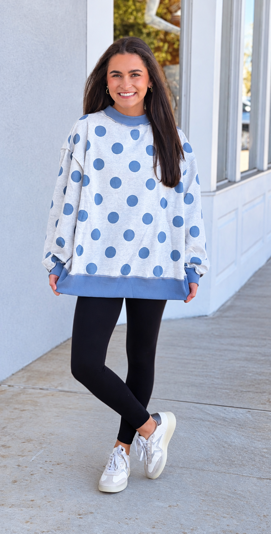 Reversible Polka Dot and Stripe Mock Neck Sweatshirt