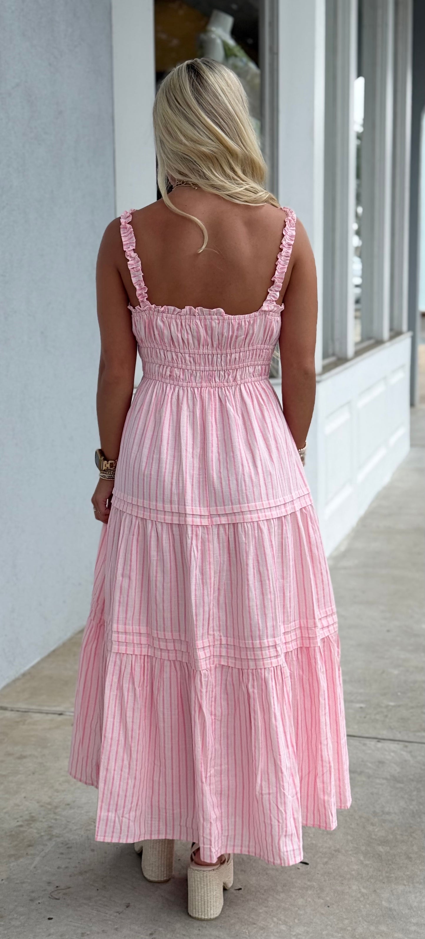 Pink Ruffle Strap Tiered Stripe Maxi Dress