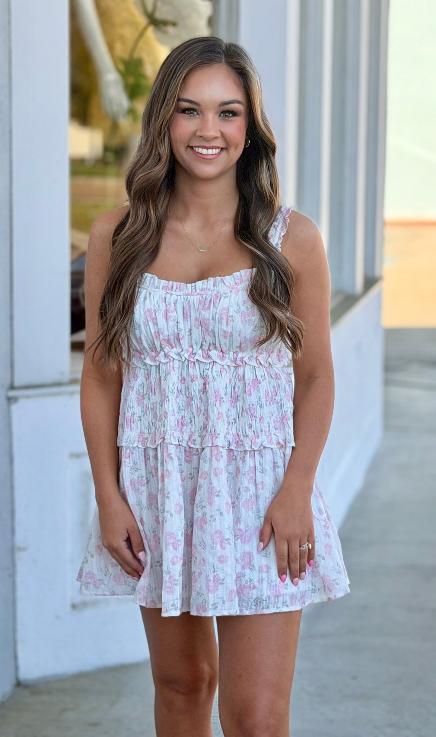 Floral Print Shirring Flare Mini Dress