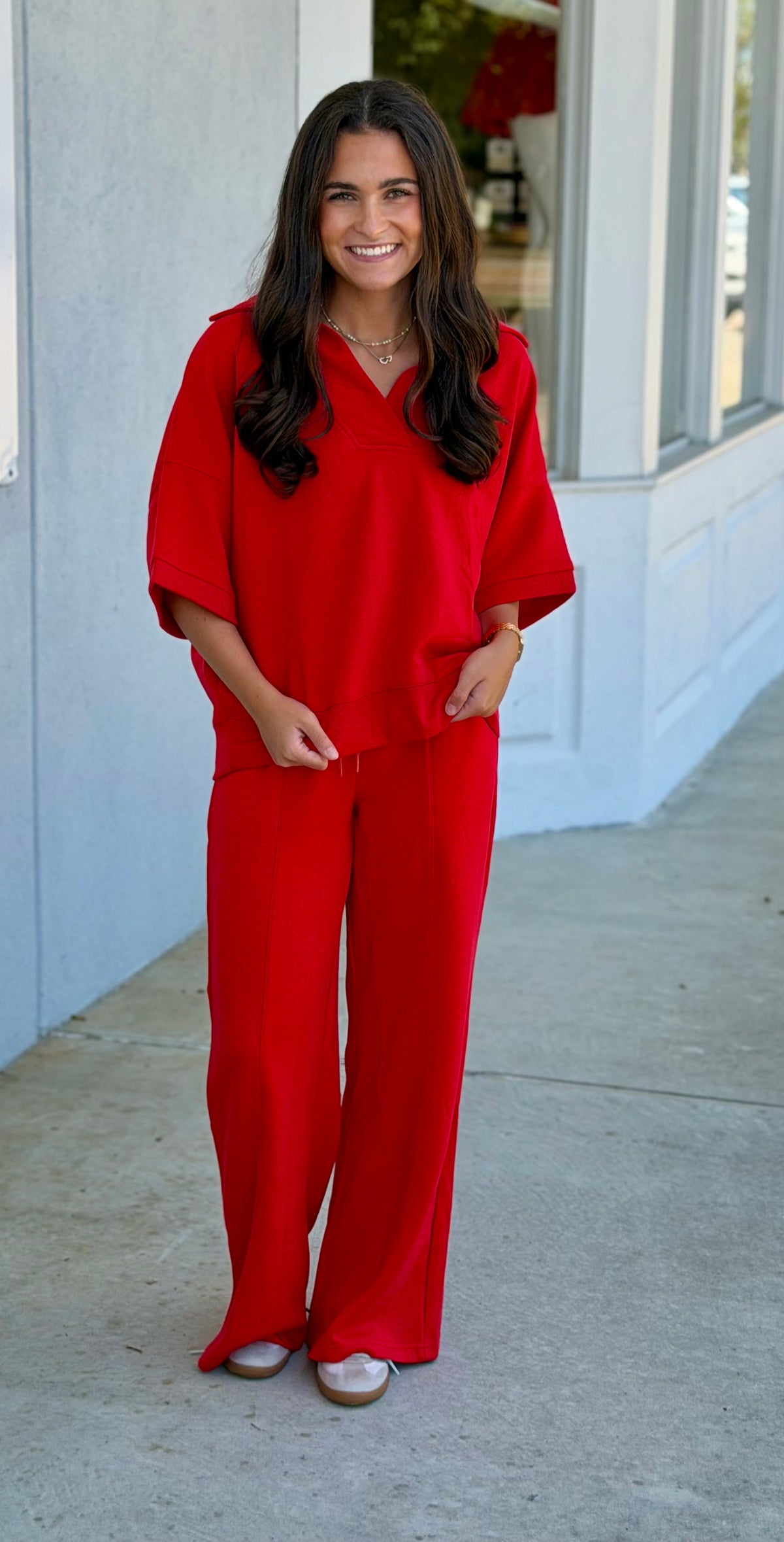 Scuba Collared Short Sleeve Top & Pants SET, Ruby