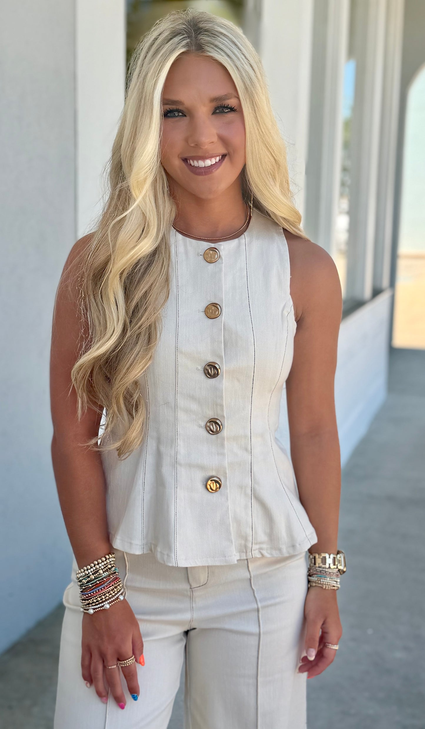 Cream Sleeveless Vest Jacket & Straight Pant SET
