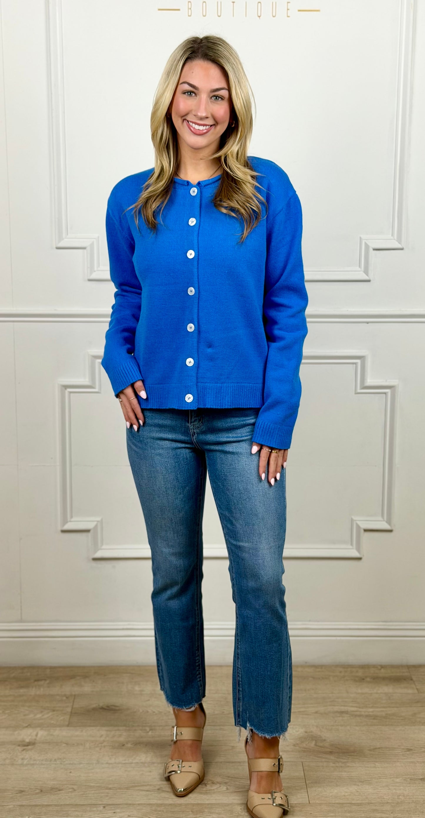 Raw Edge Neckline Button Up Cardigan , Royal
