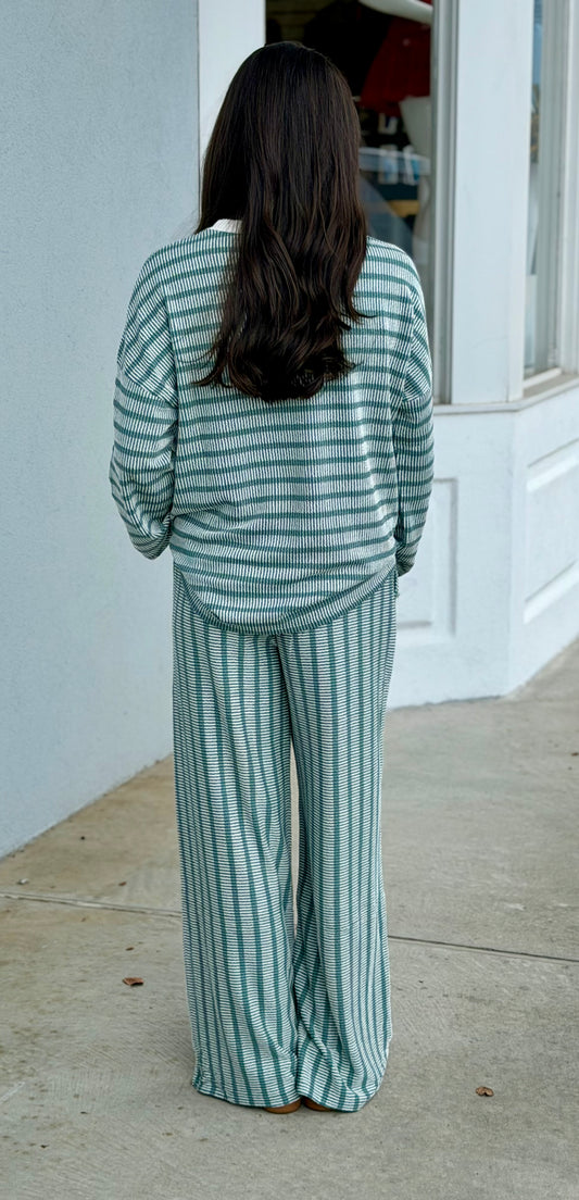 Raised Rib Striped Pullover & Pants SET, Dk Jade