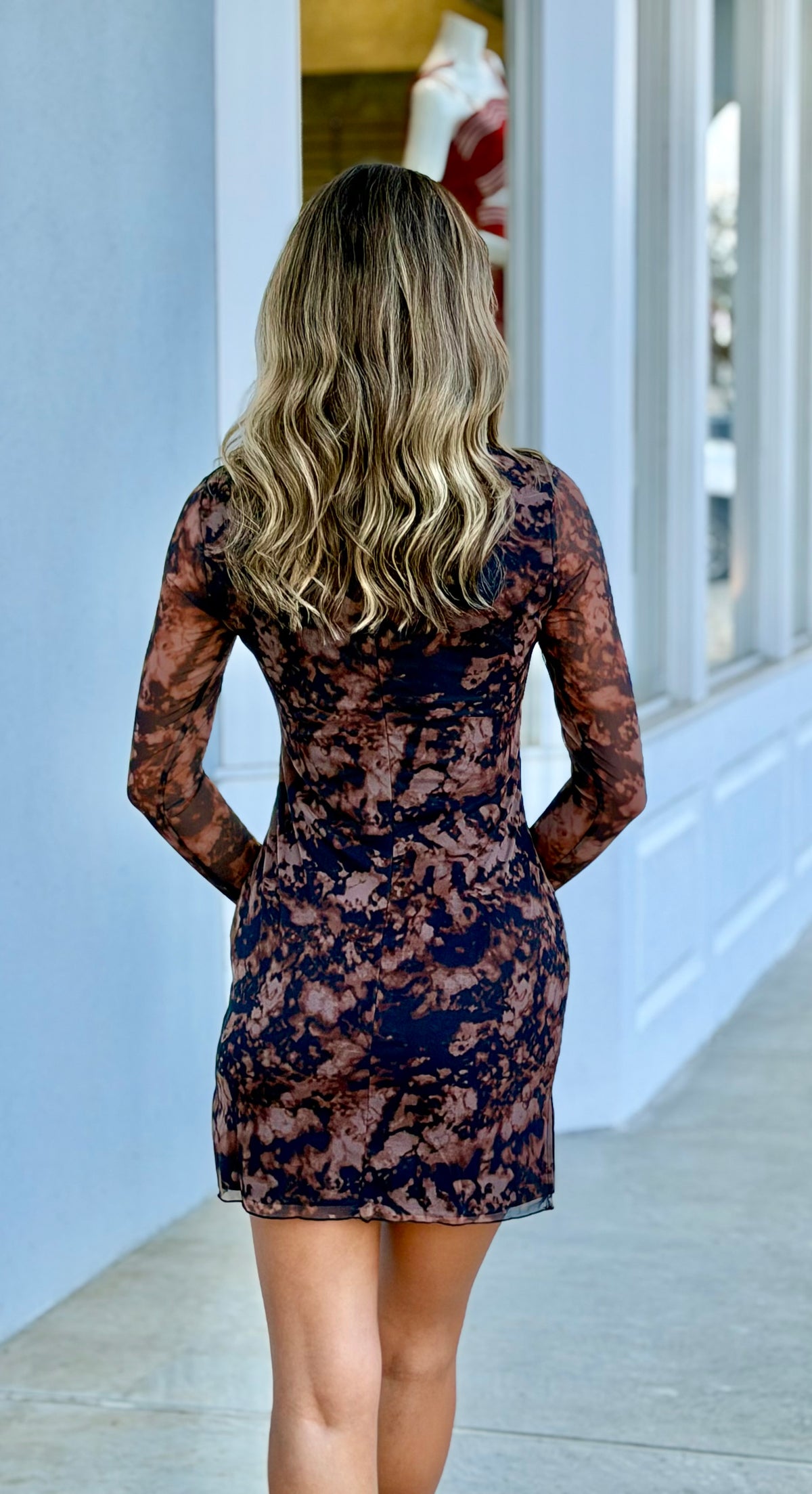 Brown Mesh Print Mini Dress