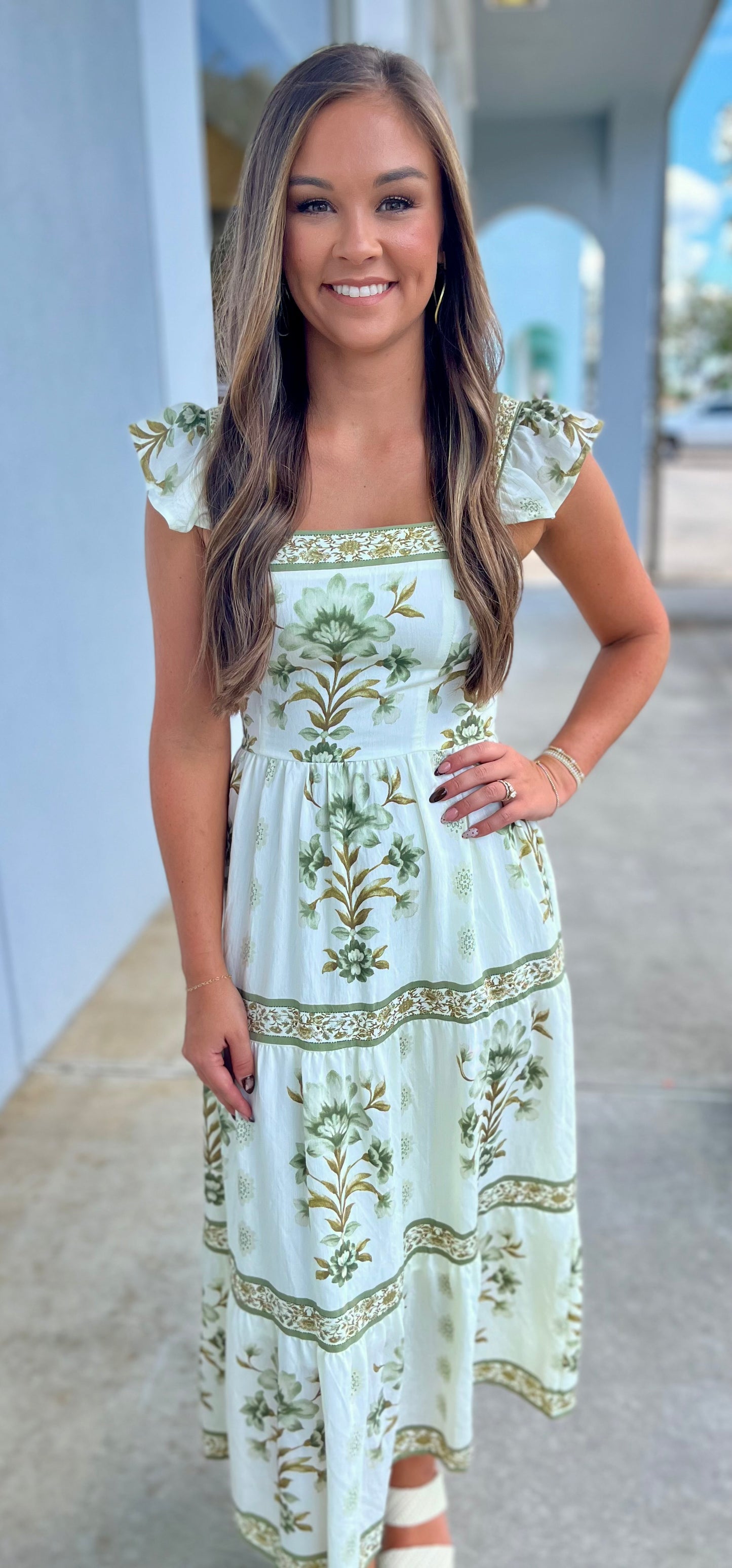 Light Olive Multi Abstract Floral Midi Dress