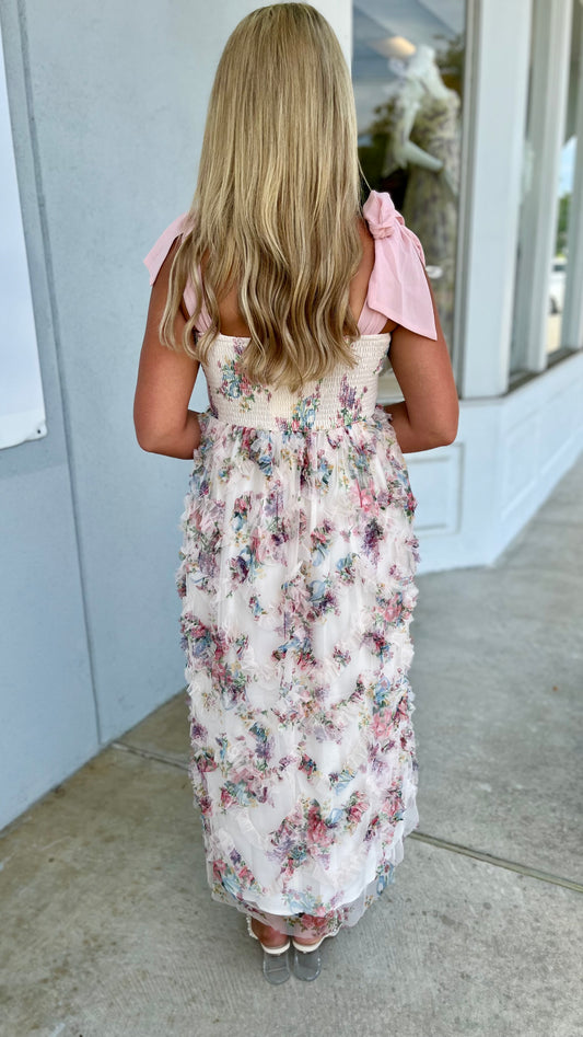 Dusty Rose Shoulder Tie Smocked Floral Midi