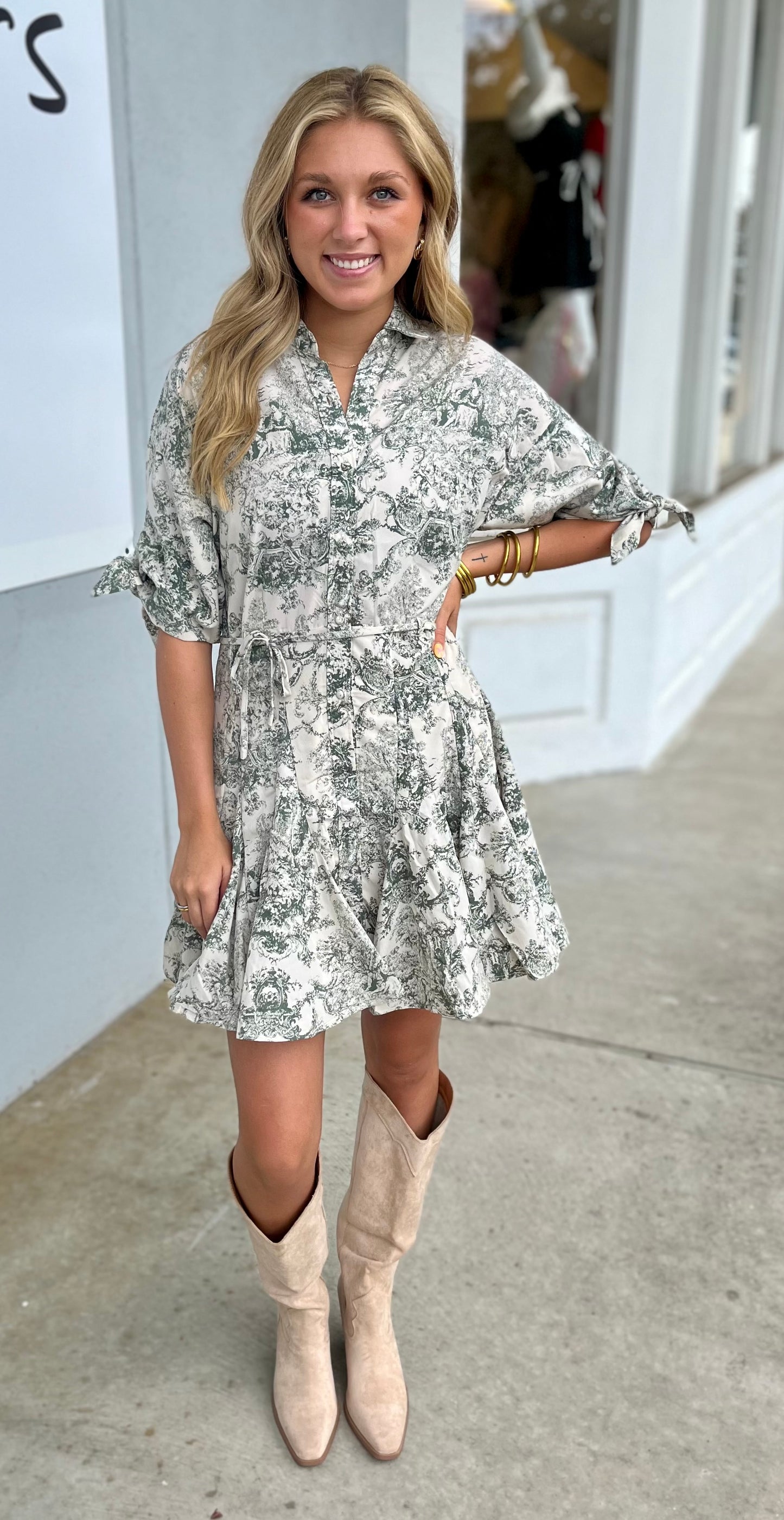 Forest Green Abstract Print Collared Dress