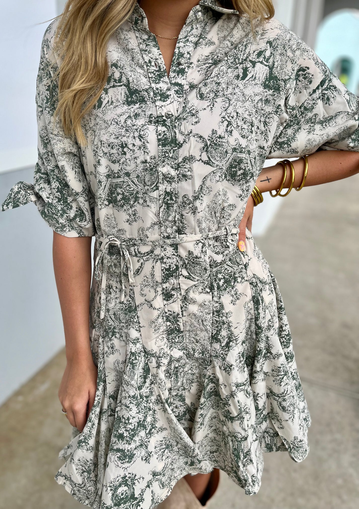 Forest Green Abstract Print Collared Dress