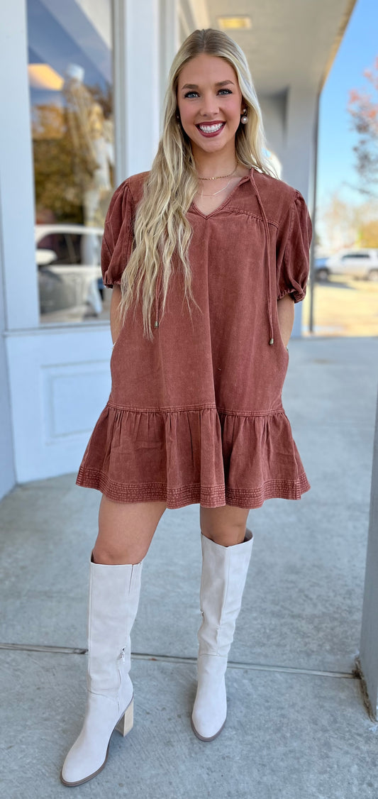 Brown Puff Sleeve Denim Dress