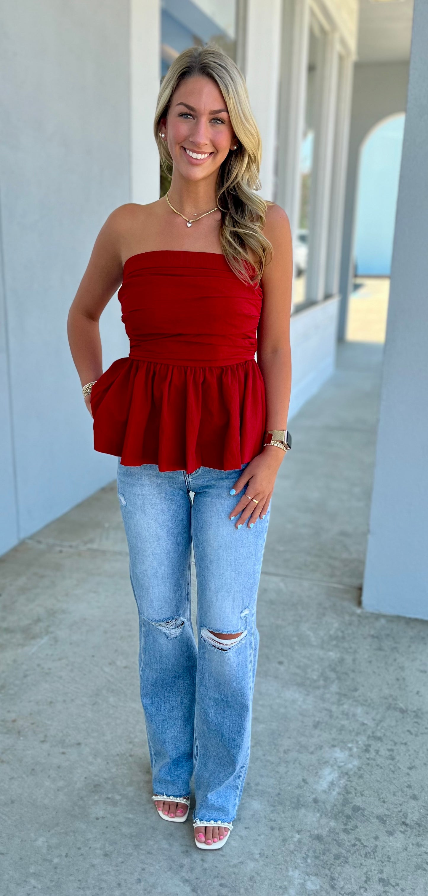 Red Ruched Bodice Strapless Peplum Top