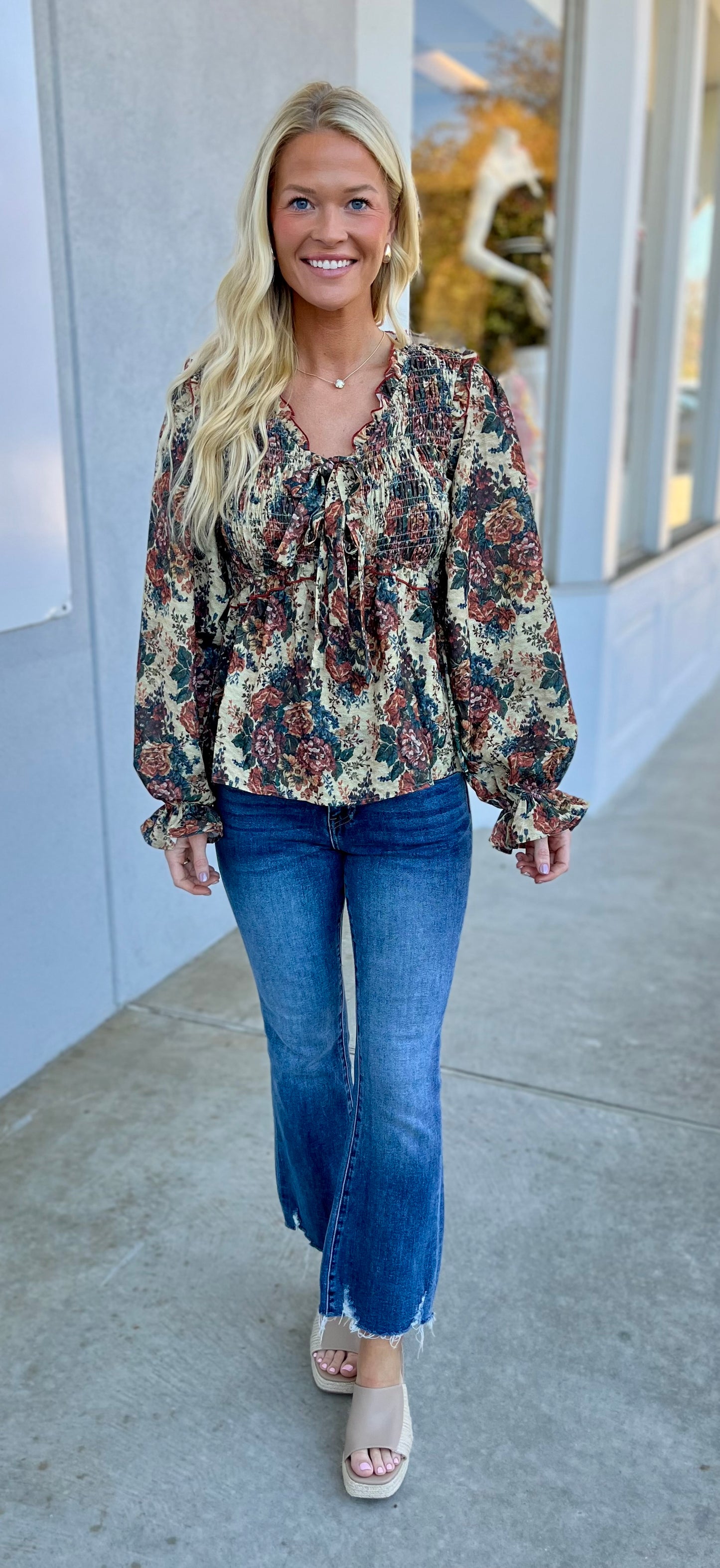 Antique Rust Tied Bow Smock Babydoll Blouse