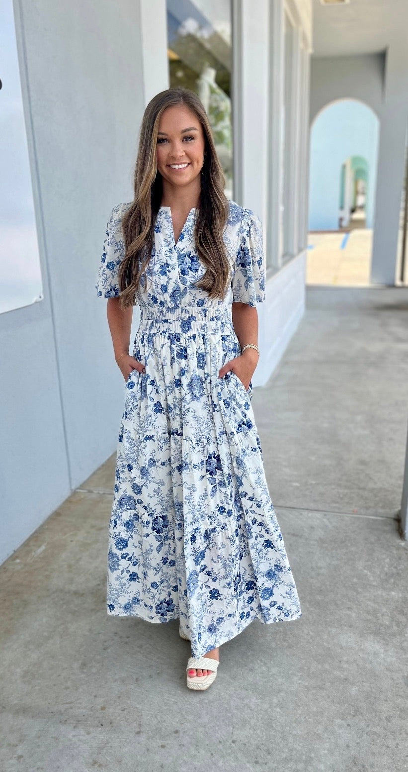 Blue Half Sleeve Woven Print Tiered Maxi