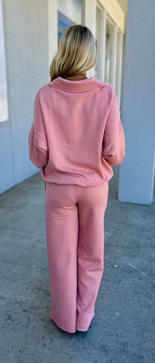Scuba Collared Pullover & Pants SET, Tan Rose