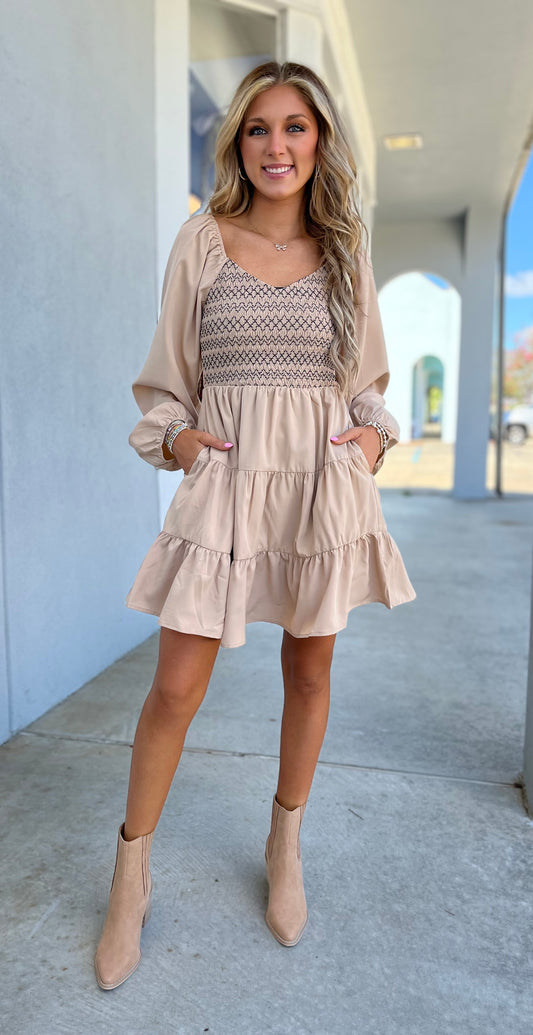 Beige Smocked Sweetheart Dress