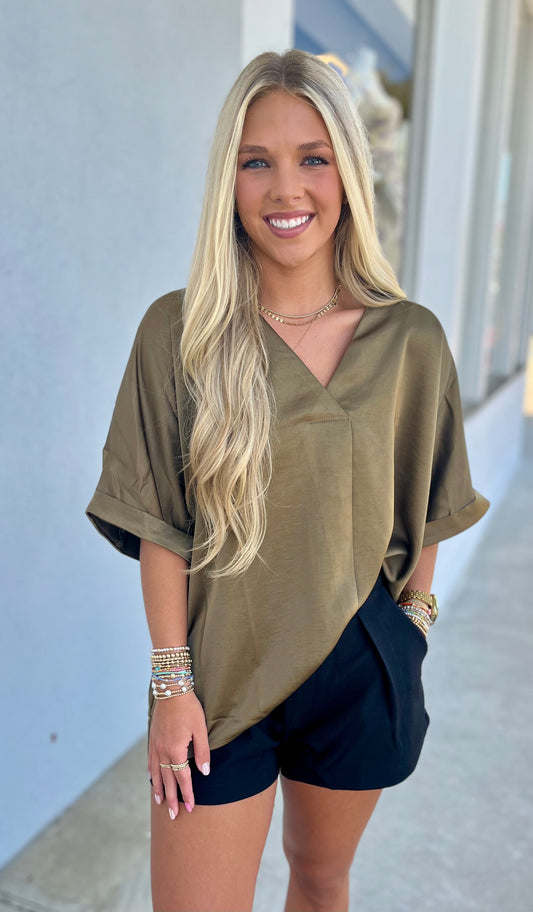 V Neck High Low Blouse, Olive
