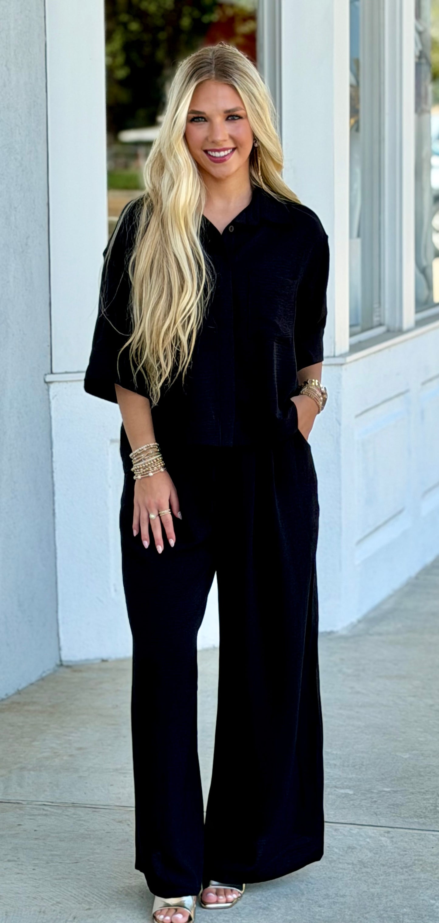 Black Button Down Top and Pant SET